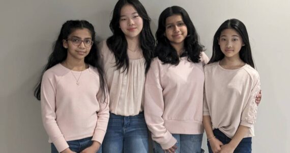 Courtesy photo.
The STEM Girls!!! are one of seven American regional winners for their app “MyChoiceHousing.” From left to right: Aditi Juluri, Isabel Xu, Hasini Juluri, Cynthia Xu.