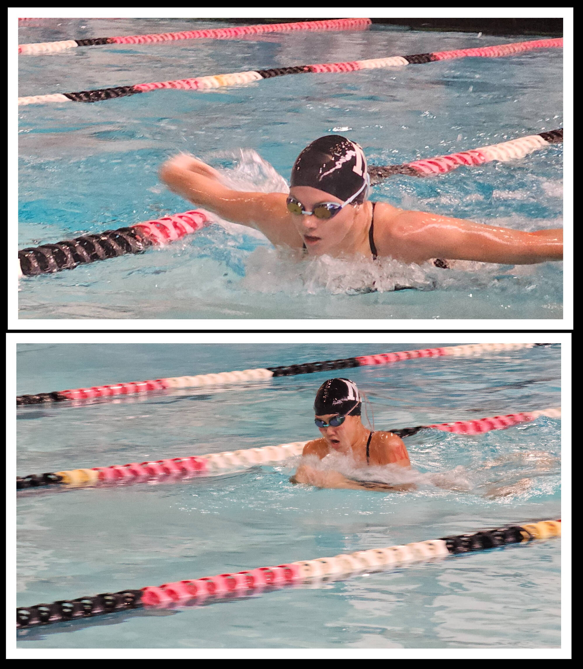 Top, Meg Dahlin blasts through the 100-yard butterfly. Bottom, Rachael Yoo attacks the 100-yard breaststroke. Courtesy photos