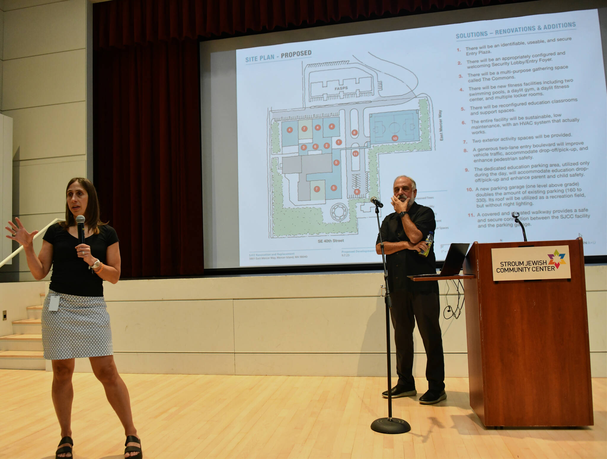 Andy Nystrom/ staff photo
Stroum Jewish Community Center CEO Amy Lavin discusses the facility’s proposed renovation project on Sept. 7 in the center’s auditorium. Architect Ed Weinstein listens in during the question and answer period.