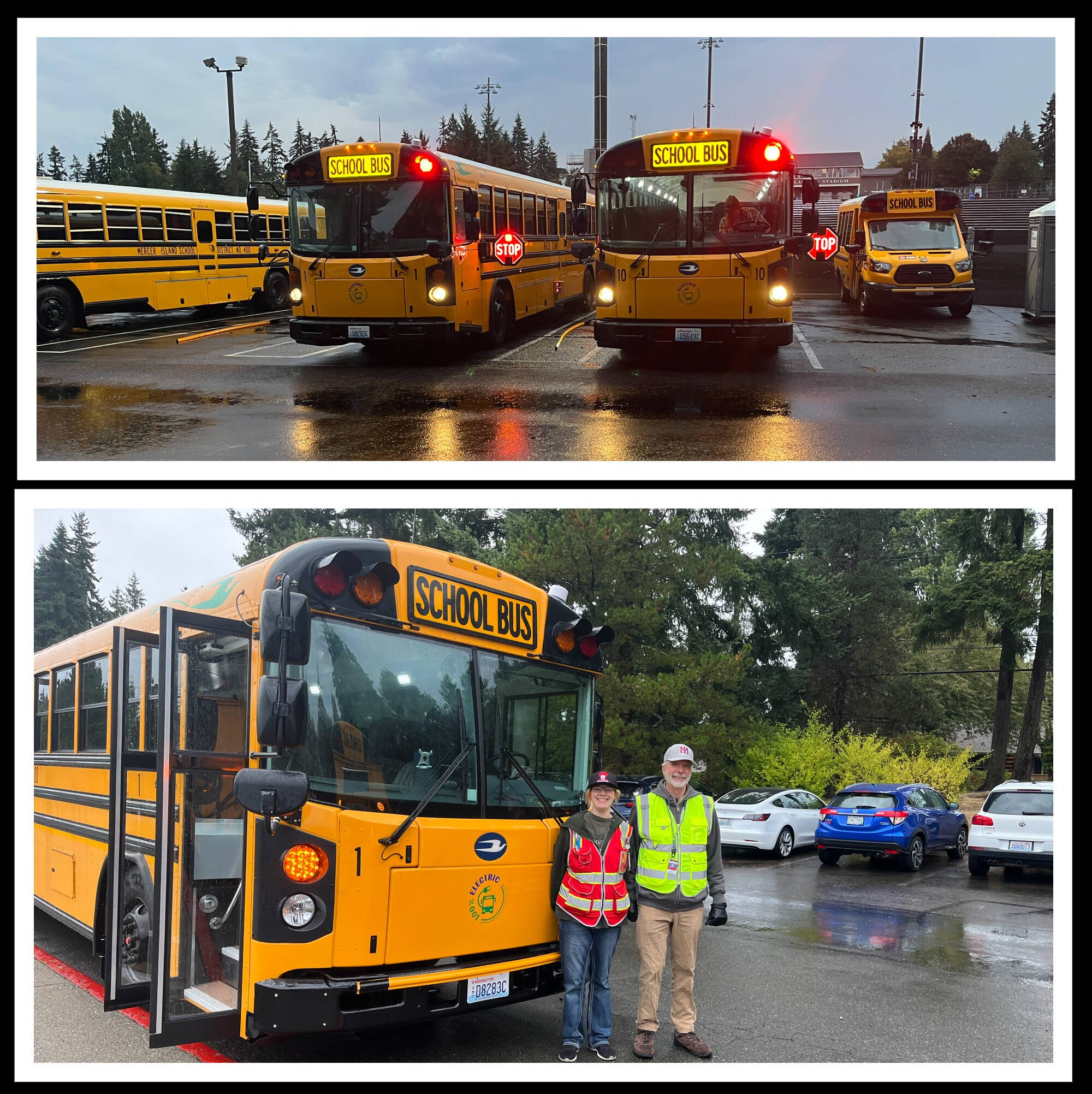 Mercer Island School District’s two electric buses ran their first routes on the morning of Sept. 25, with drivers transporting students to Mercer Island High School, Islander Middle School, and Lakeridge and West Mercer elementaries. Top, the buses prepare to get rolling. Bottom, Jo Simms (left) and Mo Youngs in front of one of the buses at Islander Middle School. Simms drove the pictured bus and Youngs drove the other one. They had just delivered students to the school. Photos courtesy of the Mercer Island School District