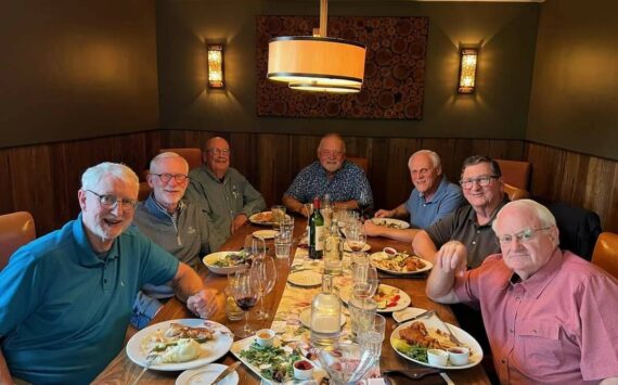 John Hamer (at left) and his old high-school friends at their recent dinner. (Courtesy photo)