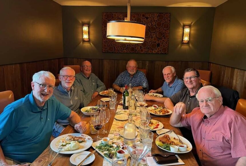 <p>John Hamer (at left) and his old high-school friends at their recent dinner. (Courtesy photo)</p>