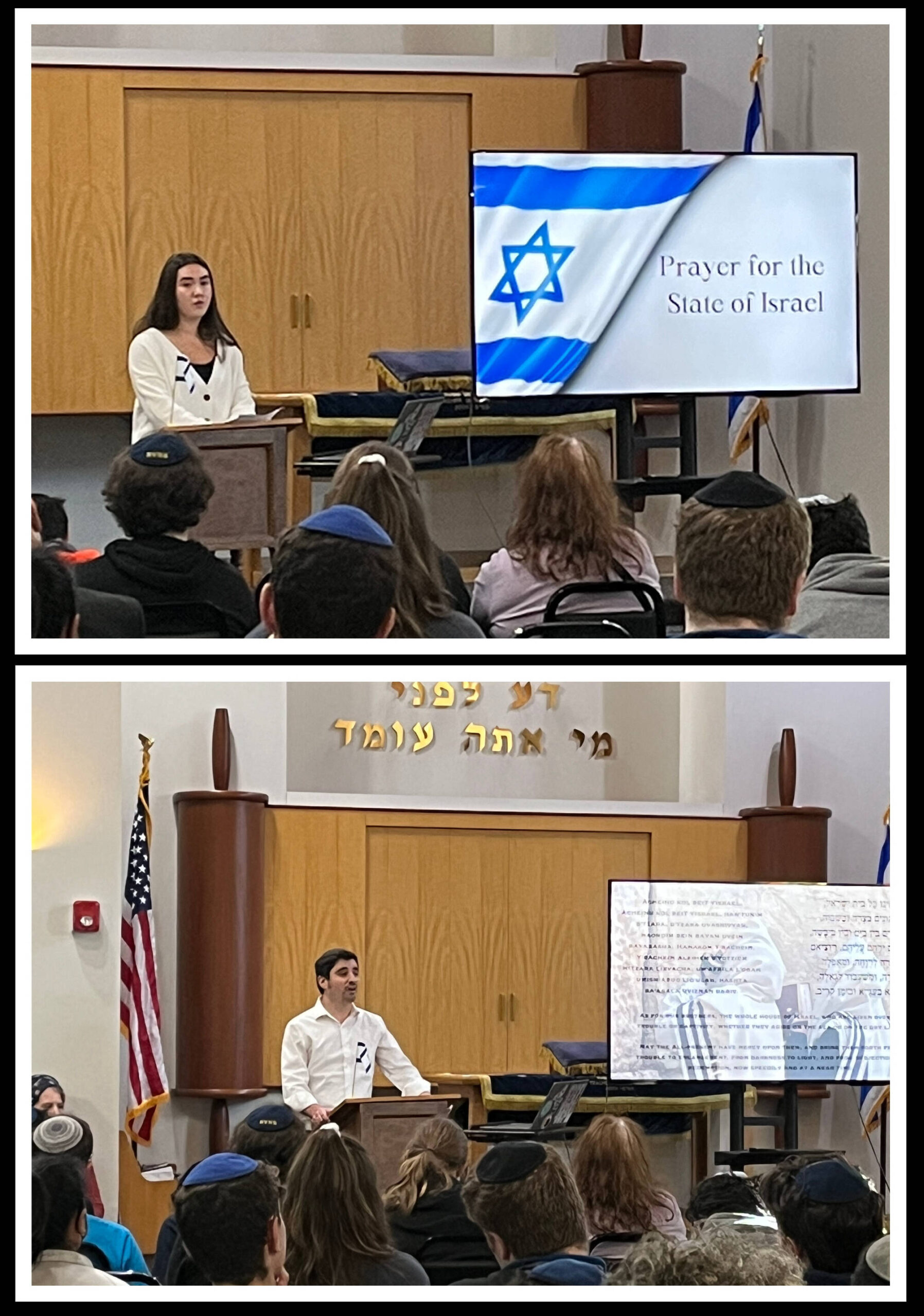 Northwest Yeshiva High School student Rose Clayman and Rabbi Naftali Rothstein, school rabbi and Head of Judaic Studies, speak at the Mercer Island school’s “Support for Israel” event on Oct. 18. Photos courtesy of Beth Jacoby