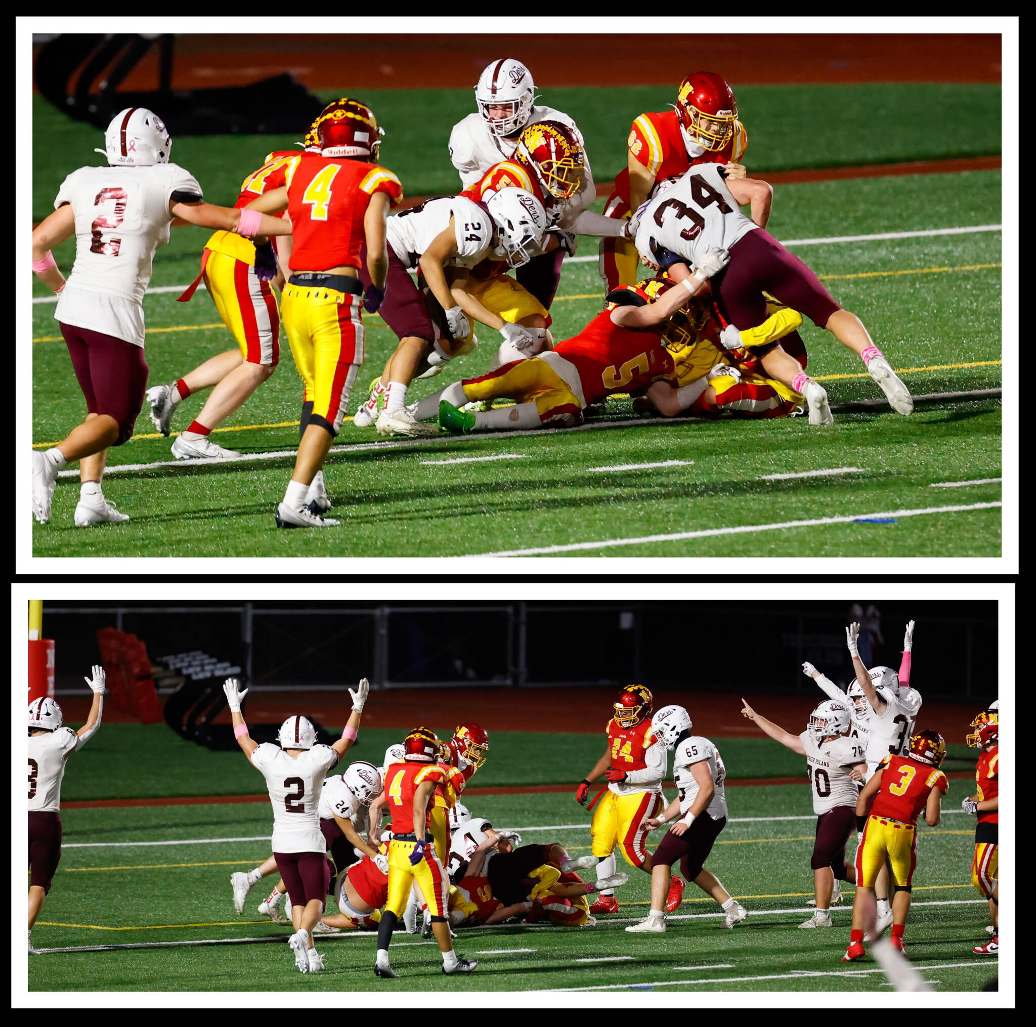 Mercer Island High School (MIHS) football players celebrate a Luke Myklebust touchdown during their 27-21 victory over Newport on Oct. 20. The Islanders improved to 6-2 and locked in a playoff spot. MIHS will battle 6-2 Juanita at 7 p.m. at home on Oct. 27 for the No. 2 seed in 3A KingCo; the loser attains the No. 3 seed. MIHS stands in second place in league with a 4-1 record and Juanita is third with a 3-2 record. Against Newport, quarterback Spencer Kornblum was 13-for-20 passing for 147 yards and one TD; wide receiver Ryan Boyle snagged five catches for 74 yards; wide receiver Elan Gotel had two catches for 37 yards and one TD; running back Myklebust had 12 carries for 86 yards and one TD; running back Cole Krawiec had 16 carries for 66 yards and two TDs; running back Silas Burkey had five carries for 46 yards, and one catch for 17 yards; and defenders Ryder Davis and Brian Bilanski each had one interception. Photos courtesy of Linda Kercher