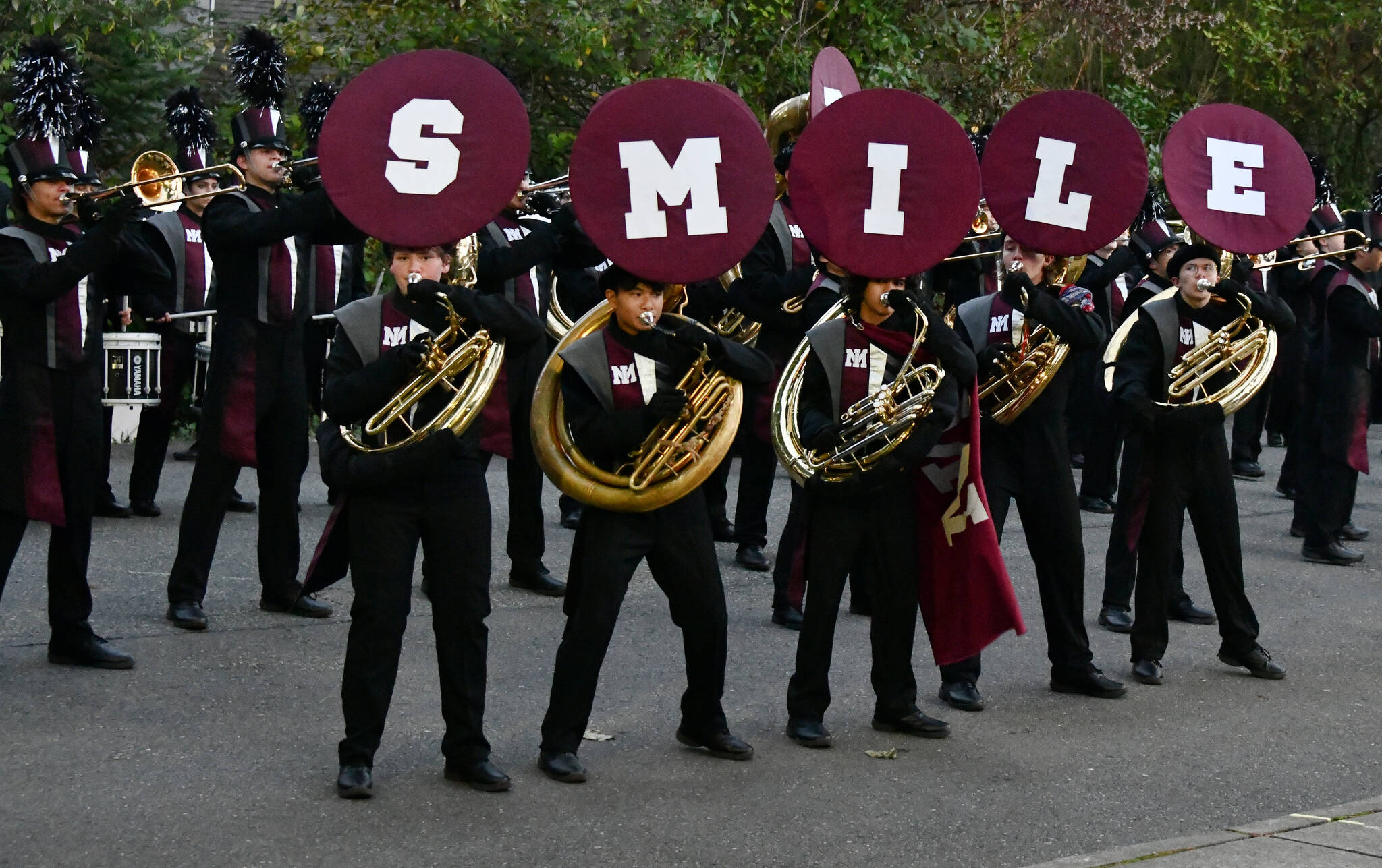 Mercer Island High School marching band members perform during a full dress rehearsal along 92nd Avenue Southeast near the high school on Oct. 12. Andy Nystrom/ staff photo