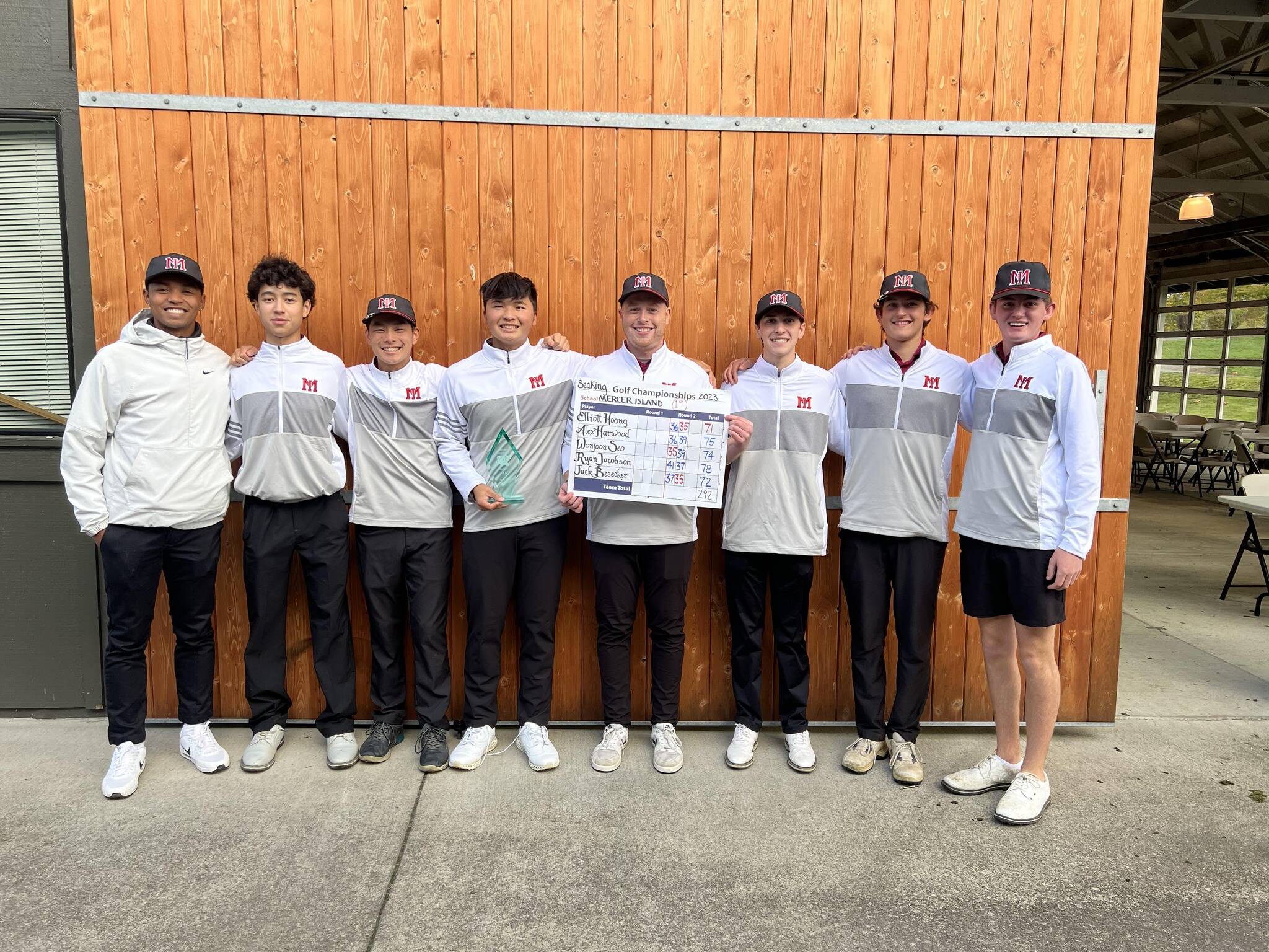 Mercer Island High Schools boys golf team advanced to the state championship in May by winning the recent 3A District 2 Tournament. The Islanders shot 292 as a team, which is four-over par, to win the tournament. Elliott Hoang (First-Team All-KingCo) shot a one-under 71 and finished tied for fourth. Jack Besecker shot an even 72 and finished tied for seventh. Wonjoon Seo (Second-Team All-KingCo) shot a two-over 74 and finished tied for ninth. Alex Harwood (Second-Team All-KingCo) shot a three-over 75 and finished tied for 12th. Hoang birdied the 18th hole to tie Bellevue High for first, which sent it to a tiebreaker that the Islanders won by two shots behind the play of Ryan Jacobson (six-over 78, KingCo Honorable Mention). Photo courtesy of the Mercer Island School District