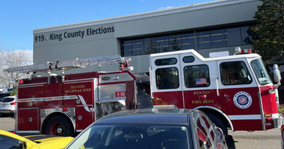 The Renton Regional Fire Authority responds Nov. 8 to King County Elections headquarters in Renton after a white substance was found in an envelope. COURTESY PHOTO, Renton RFA