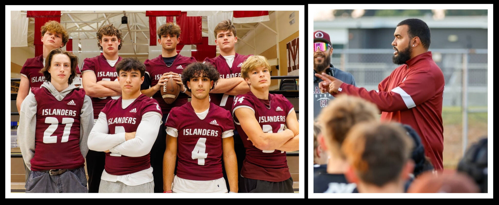 A plethora of Mercer Island High School football players earned 3A All-KingCo honors this season and head coach DJ Mims was named 3A KingCo Coach of the Year. Also pictured are first- and second-teamers: Top left to right, Ryan Boyle (second team wide receiver), Jacob Simon (second team offensive line), Spencer Kornblum (second team quarterback) and Griffin King (first team offensive line); bottom left to right, Ethan Kercher (second team punter), Cole Krawiec (first team running back), Elan Gotel (second team cornerback) and Luke Myklebust (second team linebacker). Honorable mentions are: Gavin Shea (offensive line), Tyler Williamson (tight end), Jack Buchan (linebacker) and Ryder Davis (defensive back). Photos courtesy of Linda Kercher