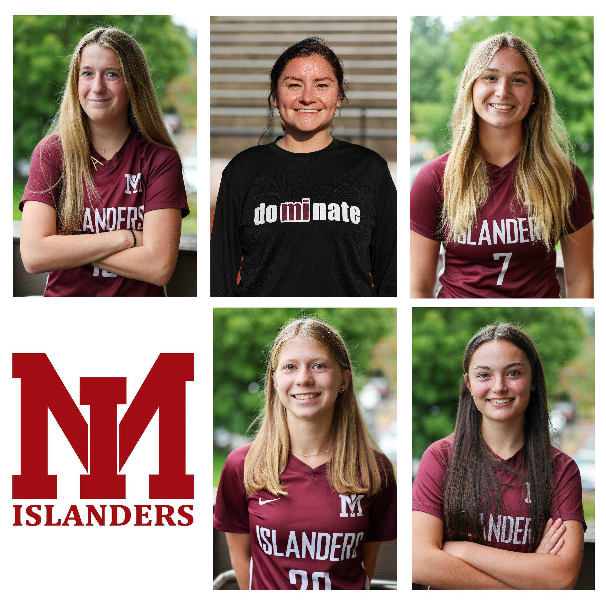 Mercer Island High School junior Anna Carson earned first-team 3A All-KingCo girls soccer honors and Erin Bourguignon was named one of the league’s coaches of the year. Senior Ella Martin and freshmen Jackie Gonzalez and Hayden Feimster are league honorable mentions. Clockwise from left, Carson, Bourguignon, Martin, Gonzalez and Feimster. Photos courtesy of the MIHS girls soccer team