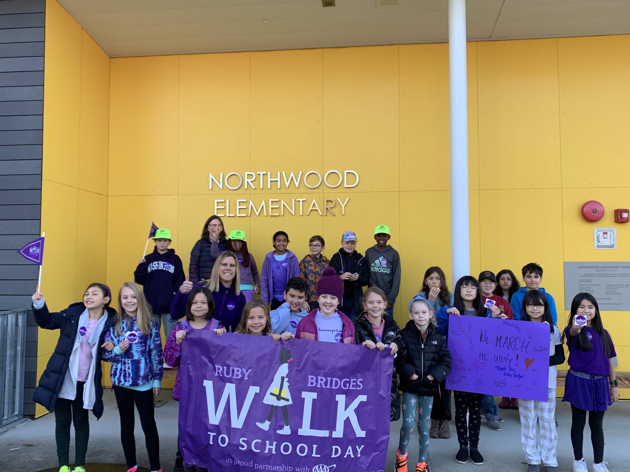 Northwood Elementary School teacher Lindsay Oliveira joins fourth- and fifth-graders on Ruby Bridges Walk to School Day on Nov. 14. Courtesy photo