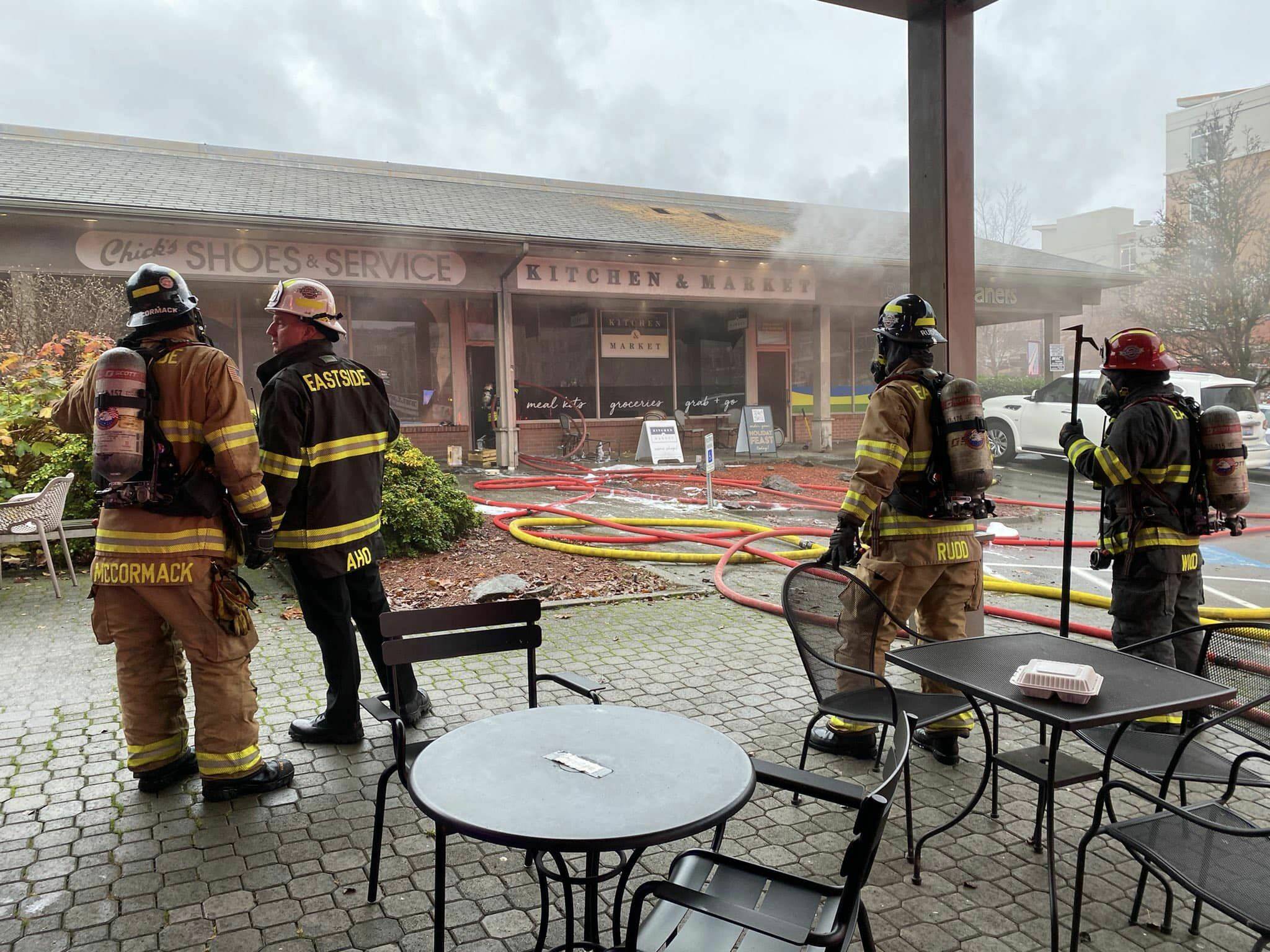 Firefighters are on scene of a Dec. 7 blaze at Tabit Village Square. Photo courtesy of the city of Mercer Island