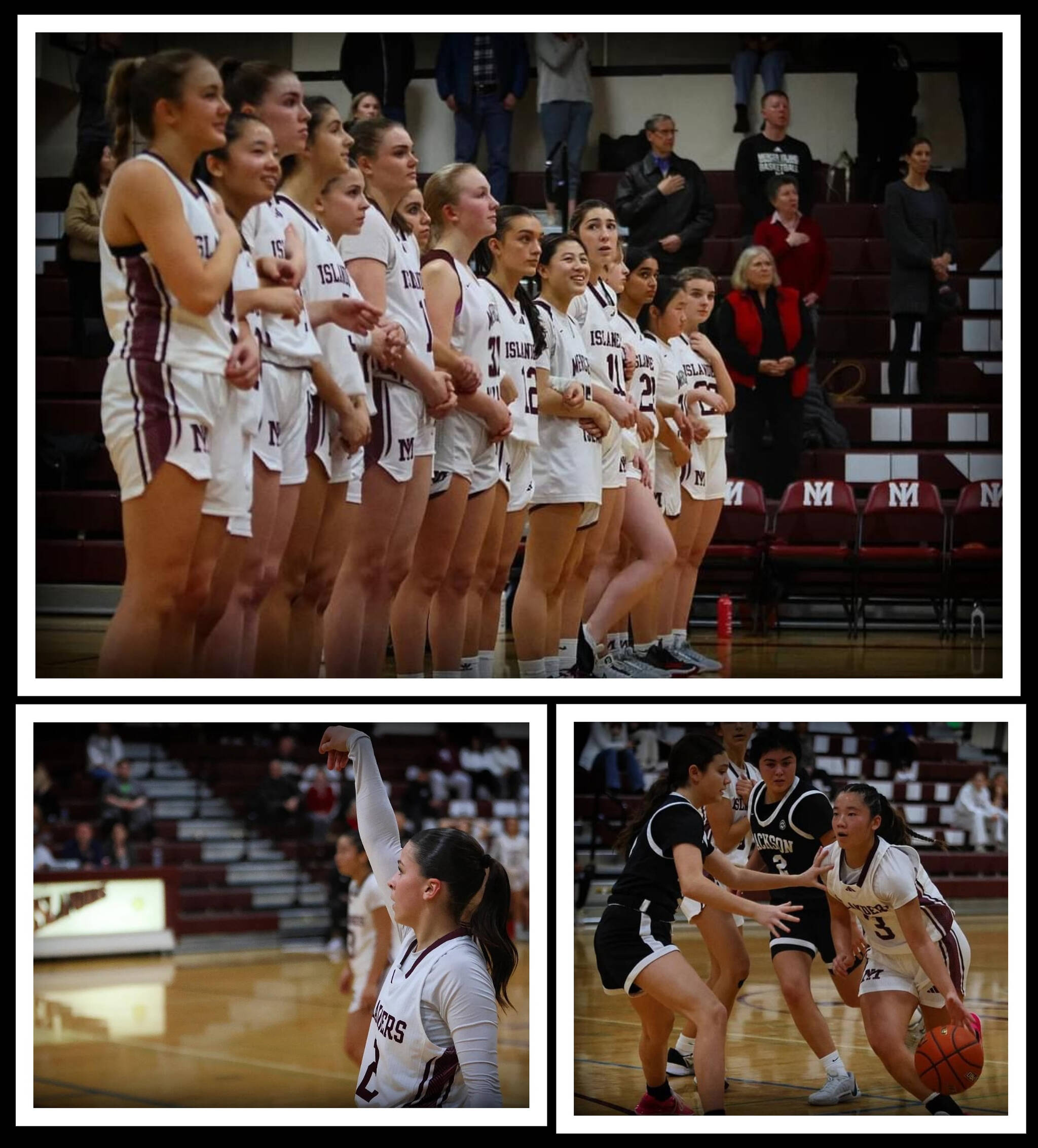 Mercer Island High School’s girls basketball team before the Jackson High School game on Dec. 11. Bottom, from left to right, Elianna Weiss and Anna Marsh. Photos courtesy of Shot by Stout @shot.by.stout