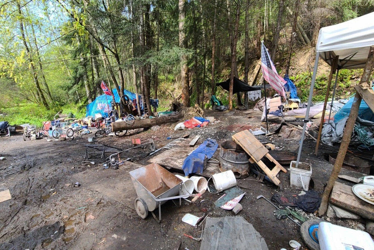 Trash and various debris at a Green River homeless encampment in unincorporated King County along 94th Place South between Kent and Auburn. COURTESY PHOTO