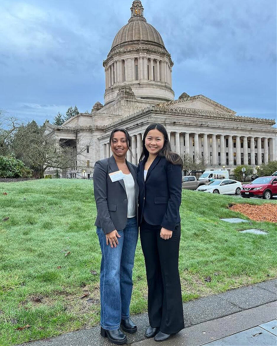 Mercer Island High School students Asha Woerner, left, and Ava Zhang participated in Day on the Hill on Jan. 29 in Olympia. Photo courtesy of the Mercer Island School District