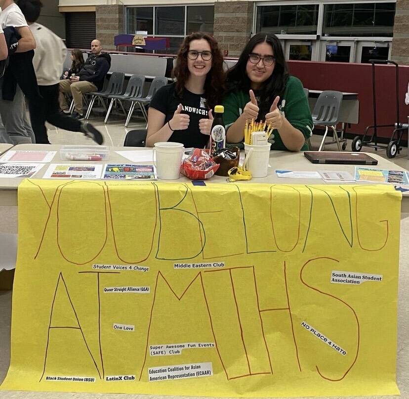 From left to right, Mercer Island High School No Place for Hate members Quinn Finneran and Ruball Dhillon greet attendees at the recent Future Islander night. Courtesy photo