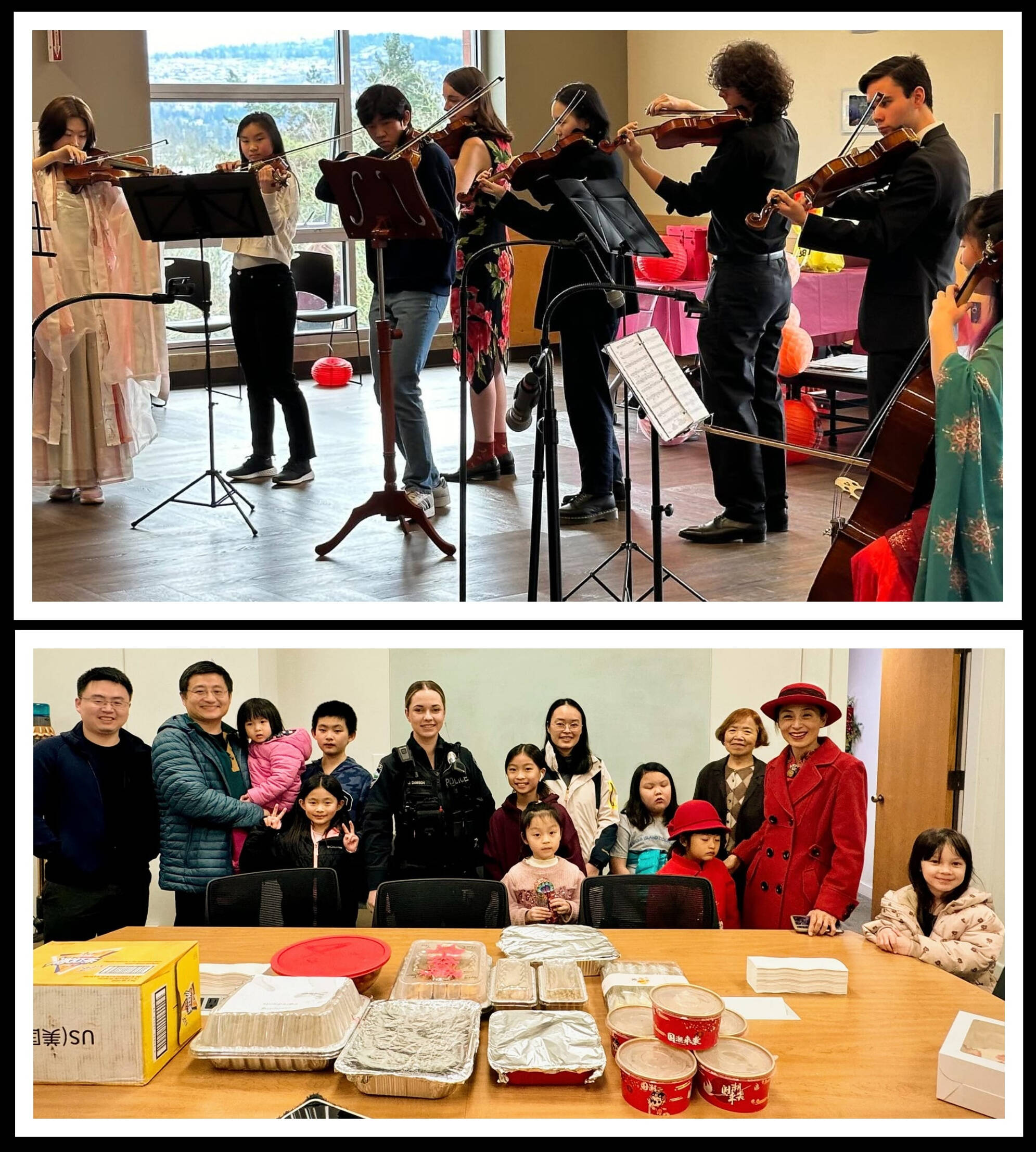 Top: The city of Mercer Island and Mercer Island Chinese Association presented a Lunar New Year Celebration at the community and event center on Feb. 11. Mercer Island School District staff members were present to visit with attendees, eight Islander Middle School orchestra students performed three songs and Mercer Island High School junior Chloe Yang held a fundraiser that directly supports the Asian Counseling and Referral Service, which recently lost 1.4 tons of frozen food during a power outage. Bottom: Several Mercer Island families recently came together to cook local police officers a homemade dinner to celebrate the Lunar New Year. Photos courtesy of the Mercer Island School District and city of Mercer Island