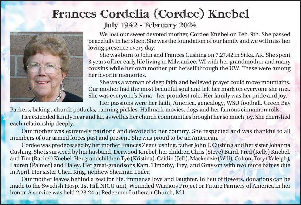 Frances Cordelia (Cordee) Knebel | Obituary