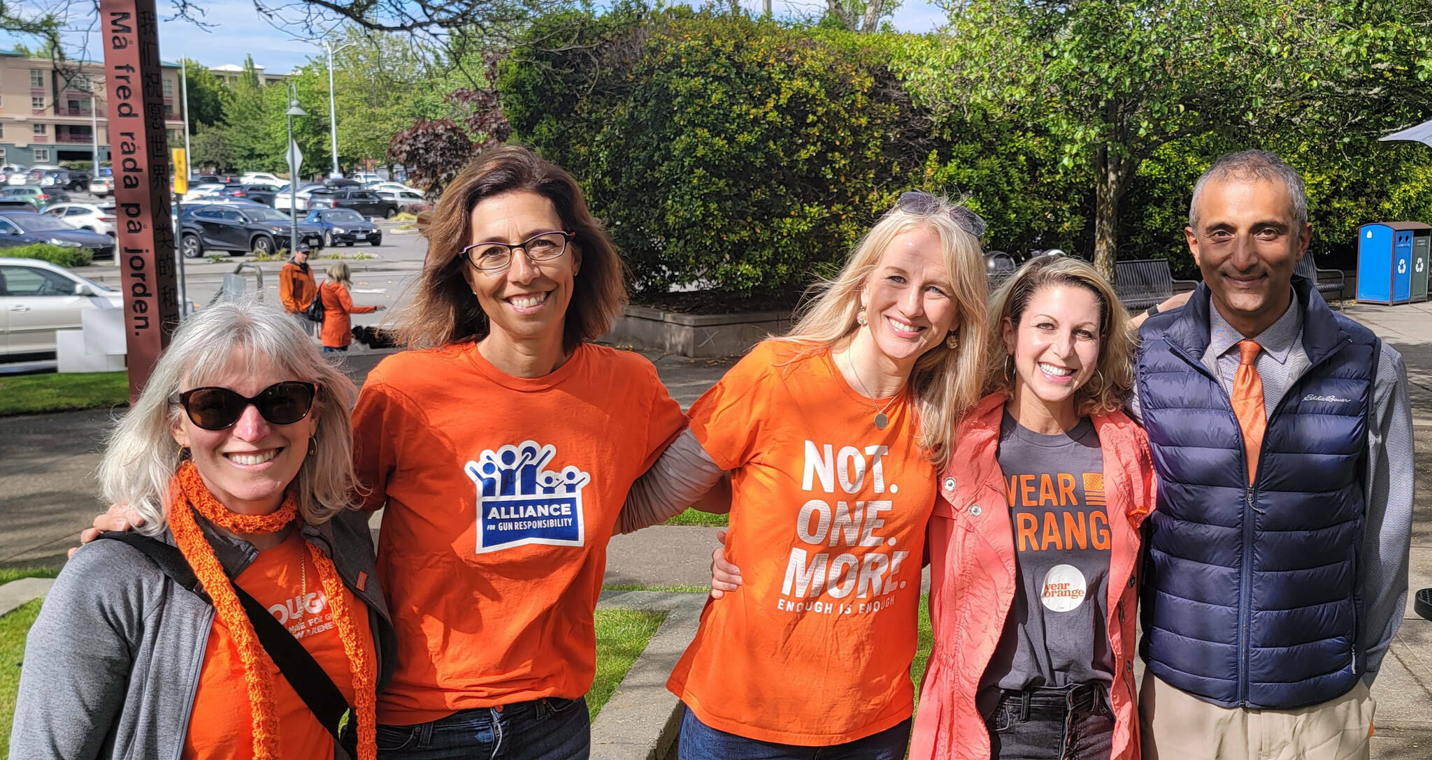 On June 3, 2022, some Mercer Island PTA Committee on Gun Violence Prevention founding members, from left to right, Gwen Loosmore, Mindy Smith, Tanya Aggar, Lori Cohen-Sanford and Bharat Shyam, gathered at a National Gun Violence Awareness Day event at Mercerdale Park. Courtesy photo