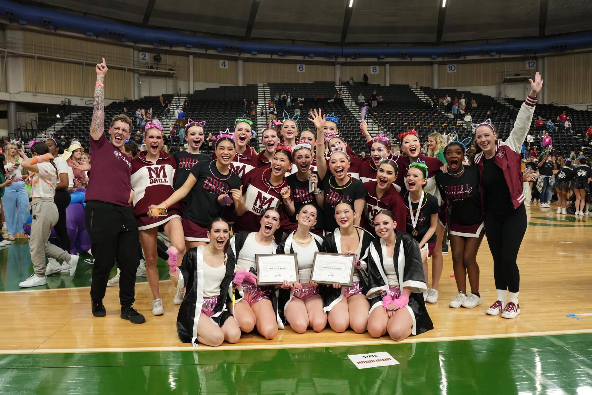 Mercer Island High Schools drill team excelled with a pair of second-place finishes at the recent dance/drill state championships at the Yakima Valley SunDome. On March 23 in the 1A/2A/3A state event, the locals notched second in the 3A military competition (273.00 points) and were runner-up in the 1A/2A/3A kick category (266.90). Individually, freshman driller Bella Liang finished third in the drill down results. This is the drill teams first runner-up placement in 18 years and its first time snagging runner-up placements in two categories simultaneously. The locals usually compete in military, and they jumped into the kick category for the first time this year. Photo courtesy of the Mercer Island School District