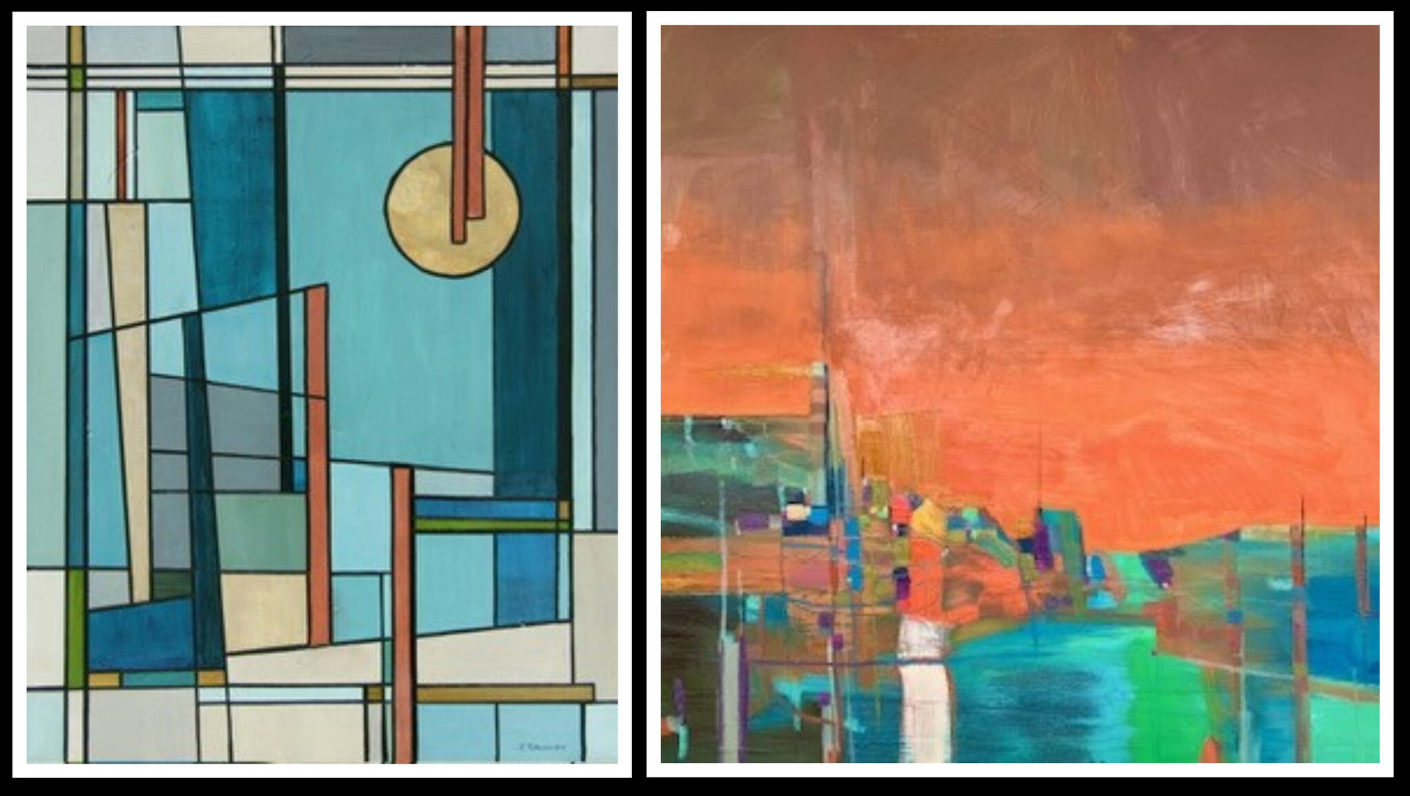 Left: Jan Tervonen, “Midnight Rambler 2,” acrylic on canvas, Bauhaus series. Right: Diana Grant, “Afternoon Sky 2,” oil on canvas. Courtesy art