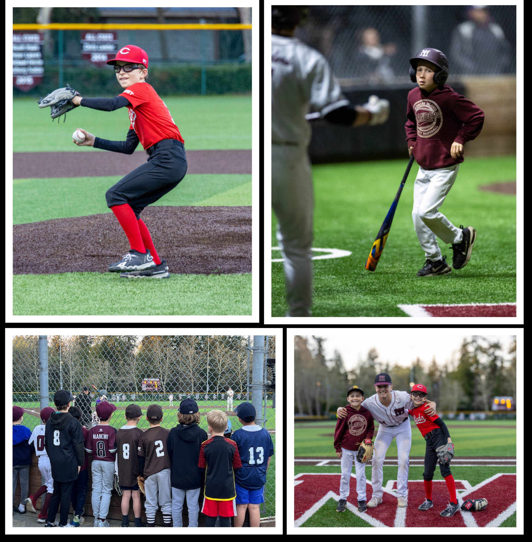 Mercer Island residents of all ages came to Island Crest Park in support of baseball on April 1 to watch the varsity Islanders battle the Lake Washington Kangs on Little League Night. This is the first season for head coach and Mercer Island High School (MIHS) alum Chris Lawler (class of 2014), who is joined by 2014 MIHS alums Keegan Ogard and Michael Petrie. LW won, 3-0. Pictured are Maverick McLear from Island Park Elementary throwing out the ceremonial first pitch and bat boy Tanner Bloom from St. Monicas; MIHS senior Cole Rowe joining Bloom and McLear for a photo; and youngsters gathering behind the backstop to check out the action. On the food front, Mercer Island Booster Board members cooked up 375 hotdogs, which were free for Little Leaguers and purchased by fans. Photos courtesy of Bernard Mangold