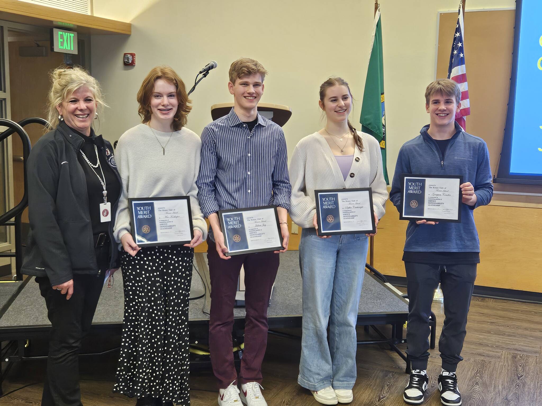 From left to right, Mercer Island High School instructor Jen McLellan gathers with Rotary Club of Mercer Island April students of the month Mia Vorkoper, Julian Jay, Sophie Cartwright and Grayson Conder. Courtesy photo