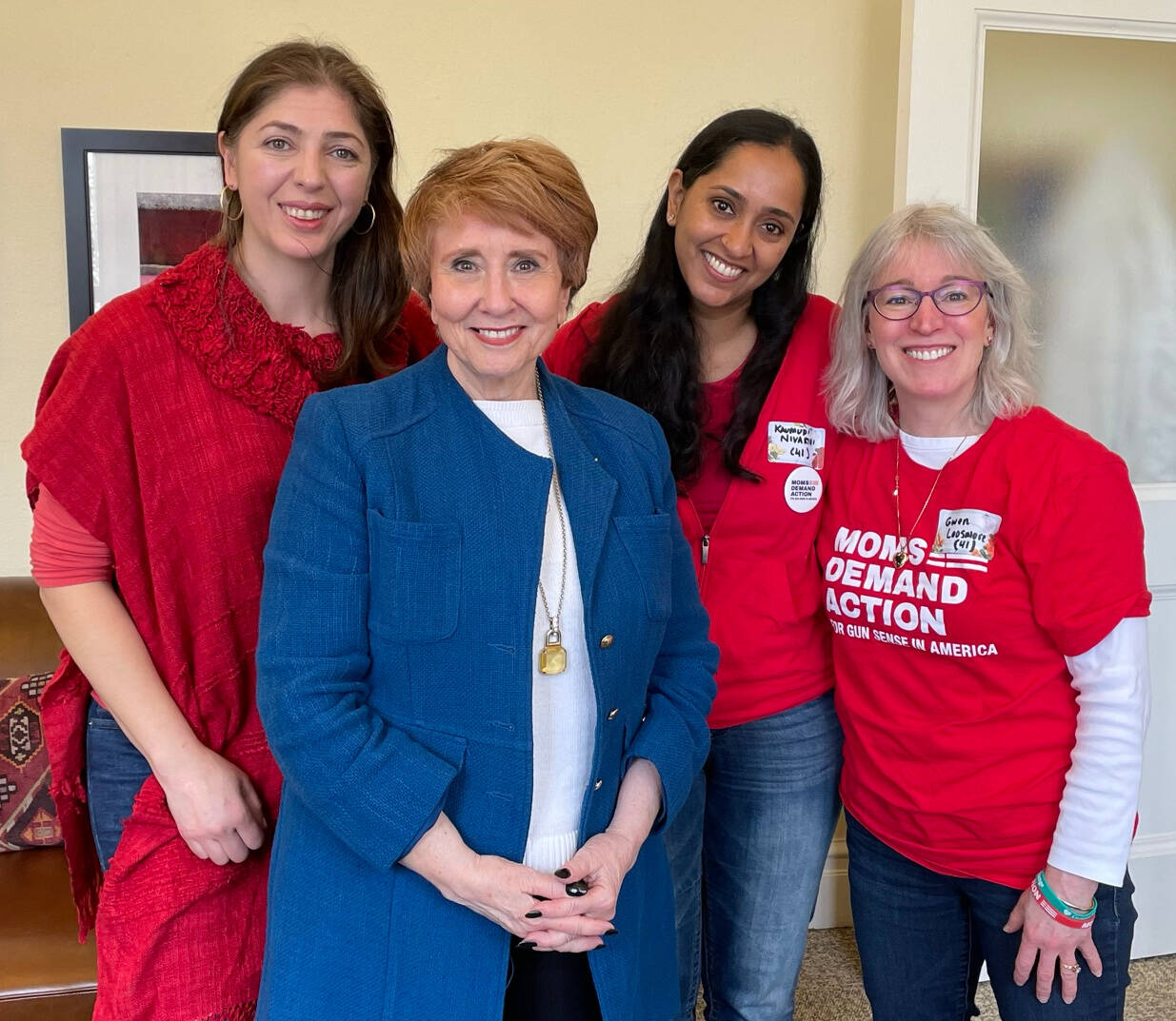 From left to right, Mercer Islanders Cristina Martinez, Sen. Lisa Wellman (41st Legislative District), Kaumudi Nivarthi and Gwen Loosmore attended Moms Demand Action Focus Day on Feb. 15 in Olympia. Courtesy photo