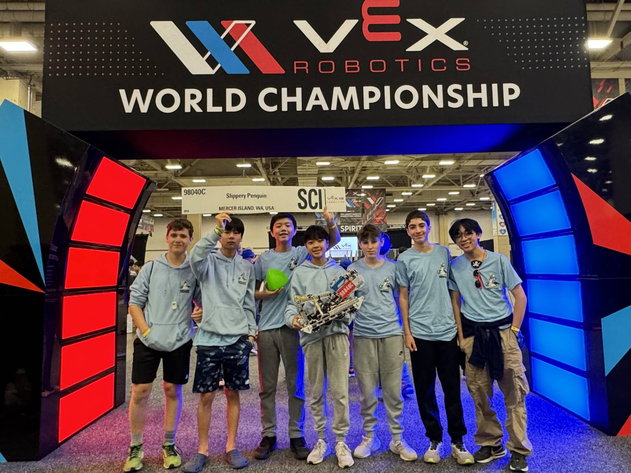 From left to right: Islander Middle School Slippery Penguin eighth-grade robotics team members are Zevi Danielli, Henry Xing, Brian Kwon, Harry Nguyen, Til Wyss, Kenan Khatib and Jeremy Leung. Photo courtesy of CJ Nguyen
