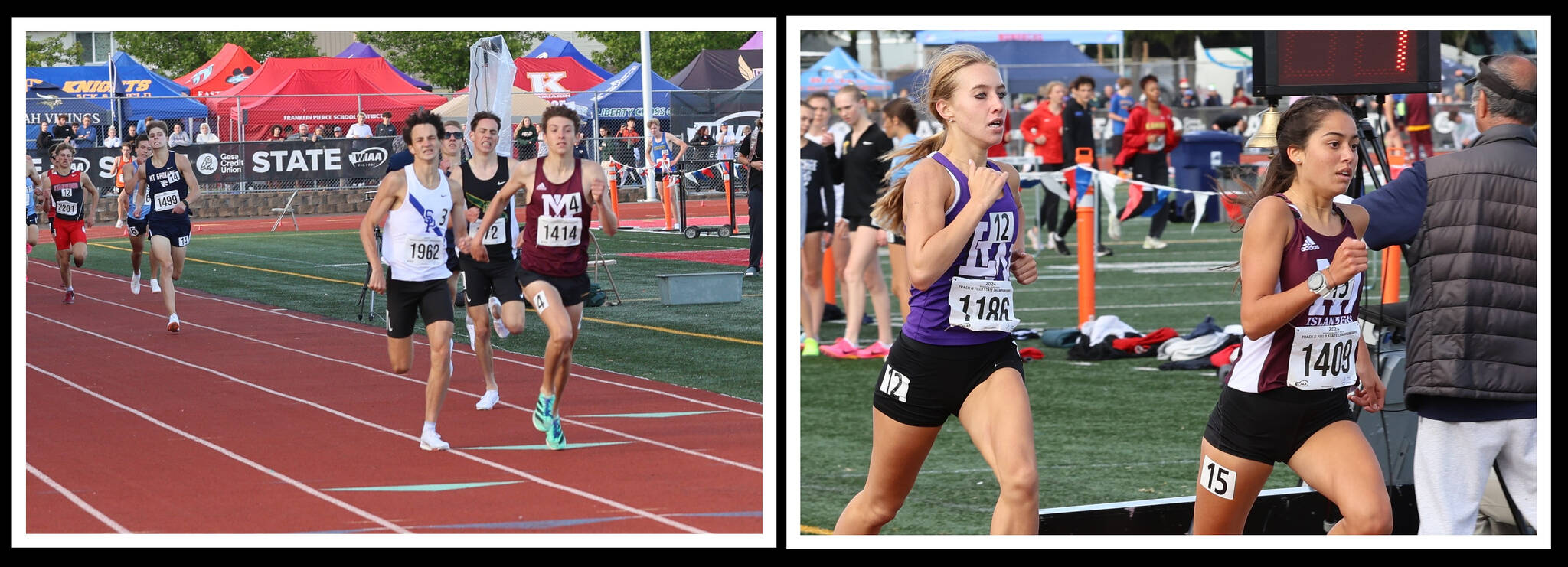 Mercer Island High School’s Owen Powell (left) and Sophia Rodriguez (right) dominated the 3A state 1,600 runs with first-place finishes on May 23 at the track and field championships at Mount Tahoma Stadium in Tacoma. Powell ran a 4:07.90 and Rodriguez ran a 4:48.69. Victoria Rodriguez finished third in the 1,600 with a 4:53.67. Also for the Islanders at state on May 23, Aaliyah Khan placed fourth in the girls triple jump with a 36-10.5; Alisha Khan took eighth in the girls javelin with a 118-10; and Griffin King took 22nd in the boys shot put with a 41-4. More Islander state action was to occur after the Reporter’s deadline for this issue. Photos courtesy of Scott Knoblich