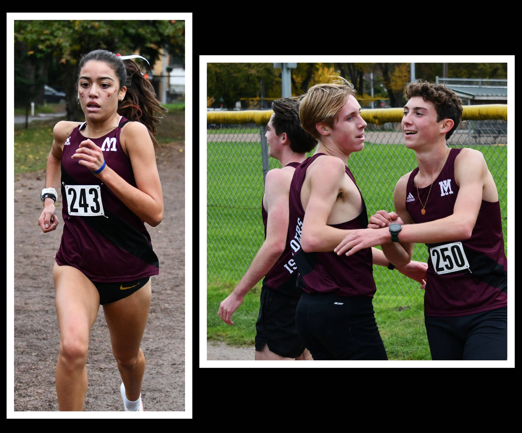 Mercer Island High School’s boys and girls cross country squads notched team titles at the 2024 3A Sea-King District 2 Cross Country Championship Meet on Oct. 31 at Lower Woodland in Seattle. Sophia Rodriguez (pictured) placed first for the girls with a time of 16:59.8 in the 5K race and Owen Powell placed second for the boys. Powell (15:35.5) is pictured with teammates Matthew Lawrence (sixth, 15:53.4) and Bodie Thomas (fifth, 15:53.3). Islander Victoria Rodriguez placed second in 17:16.8. Andy Nystrom/ staff photos
