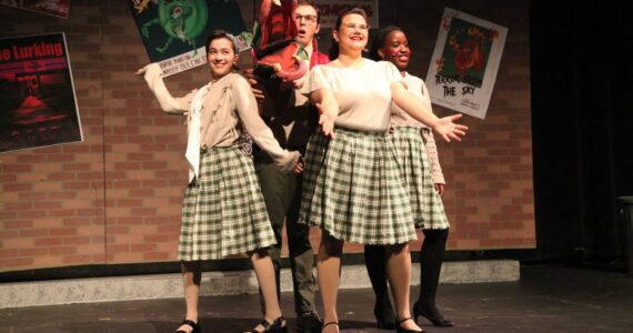 From left to right: Kaori Lancaster, Kyle Gerstel, Pilar Bousono and Joy Rurangwa are pictured at a full dress rehearsal for the Mercer Island High School Drama department’s production of “Little Shop of Horrors.” (Photo courtesy of Alec Chvany)