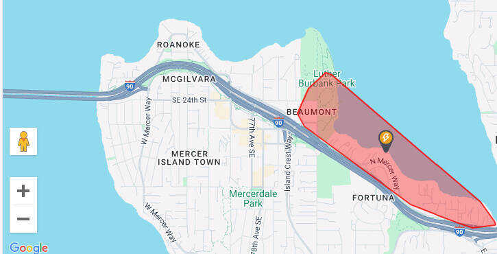 Due to multiple downed trees and power lines, the city of Mercer Island reported at 10 a.m. this morning that North Mercer Way is closed between Shorewood Drive and Fortuna Drive and a section of the Island’s north end is without power. The outage is marked in pink on the attached Puget Sound Energy (PSE) map. The city, which has placed road closure signs in the area and notified PSE, asks residents to take alternative routes and avoid the area. Residents sans power can report their outage to PSE at its customer service line: 1 (888) 225-5773; or emergency line: 1 (888) 225-5773. For the latest information on PSE’s outage map, visit: <a href="https://www.pse.com/en/outage/outage-map" target="_blank">https://www.pse.com/en/outage/outage-map</a>. Graphic courtesy of PSE