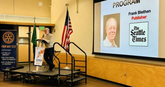 Frank Blethen, publisher of The Seattle Times, spoke at the Mercer Island Rotary Club meeting Feb. 18, 2025. (Photo courtesy of Greg Asimakoupoulos)