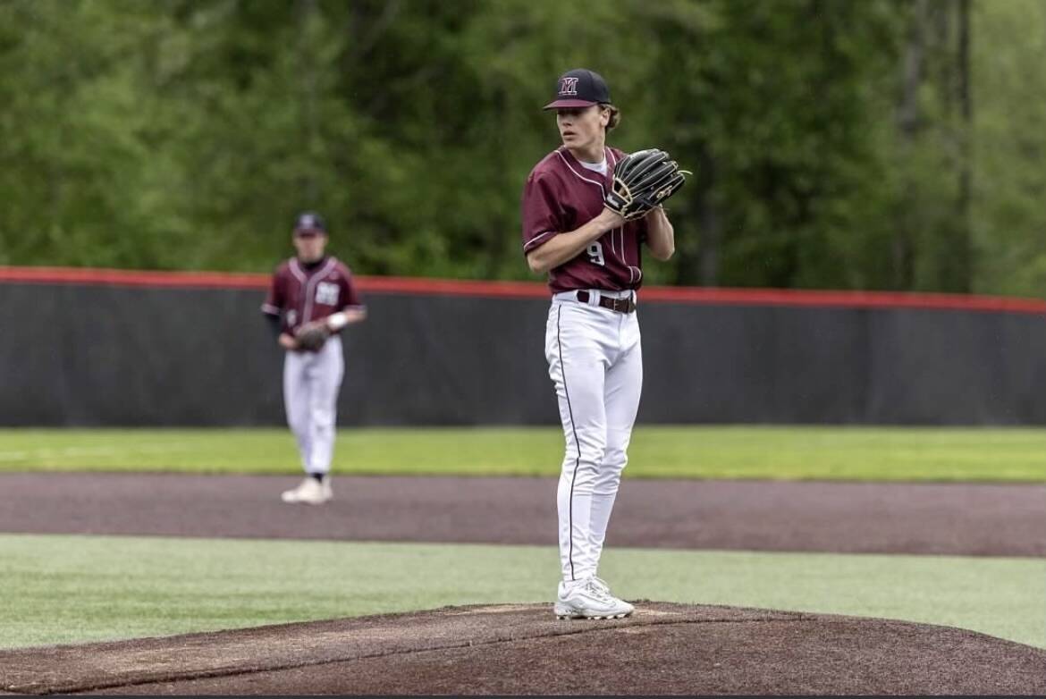 Mercer Island High School senior hurler Jack Buchan prepares to unleash a pitch. Photo courtesy of Bernard Mangold