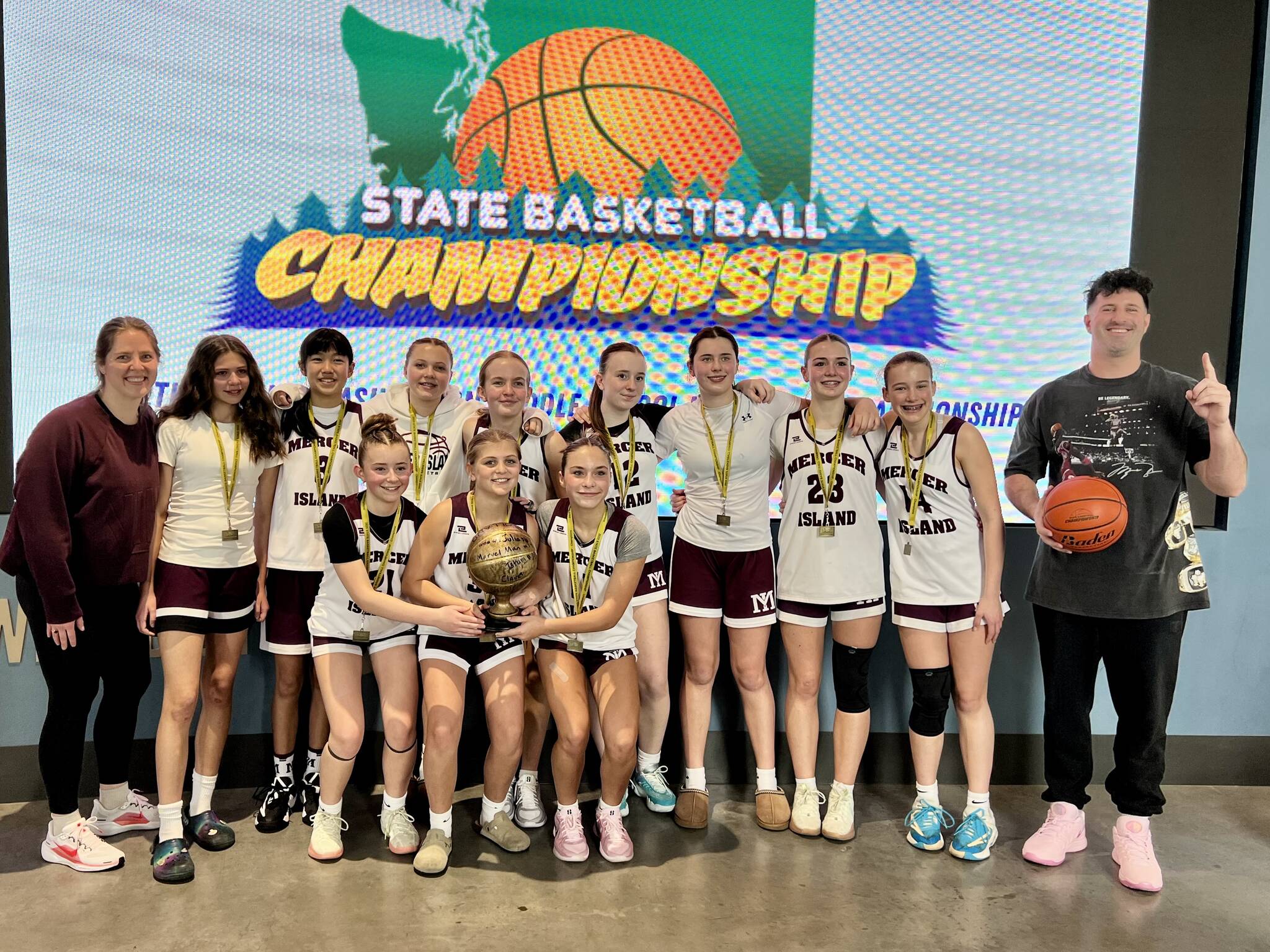 Front row, left to right: Claire Oberto, Mackenzie Helman and Sydney Munson. Back row, left to right: Assistant coach Holland Fleming, Aylwen Battersby, Chloe Chen, Lana Cuneo, Charlotte Fleming, Sophia Clark, Julia Gribble, Tatum Poole, Maija McCune and head coach Tony Locascio. Courtesy photo