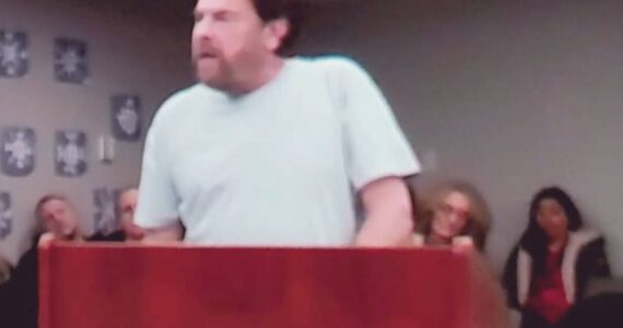 Seth Landau during public comment at the recent Mercer Island School Board meeting. (Screenshot from YouTube)
