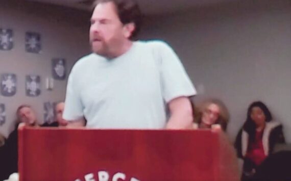 Seth Landau during public comment at the recent Mercer Island School Board meeting. (Screenshot from YouTube)