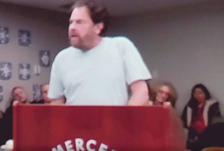 <p>Seth Landau during public comment at the recent Mercer Island School Board meeting. (Screenshot from YouTube)</p>