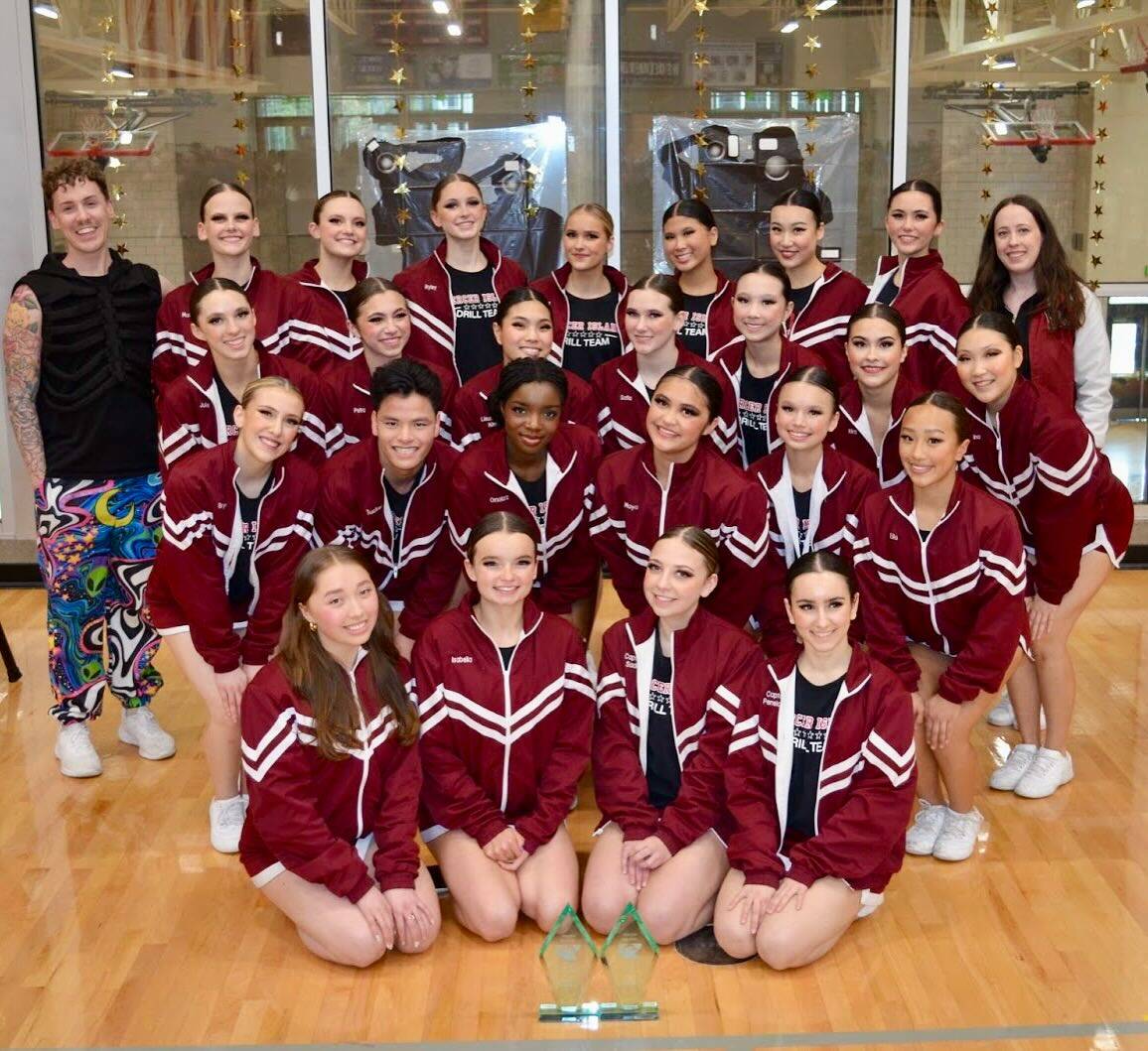 Mercer Island High School’s drill team placed first in the Pom category, first in the Military category and second in the Kick category on March 15 at districts to qualify the trio of routines for the upcoming 3A state competition. State will take place on March 28 at the Yakima Valley Sundome. The squad will perform the routines at its state showcase at 6 p.m. on March 24 in the high school main gym. Photo courtesy of the Mercer Island School District