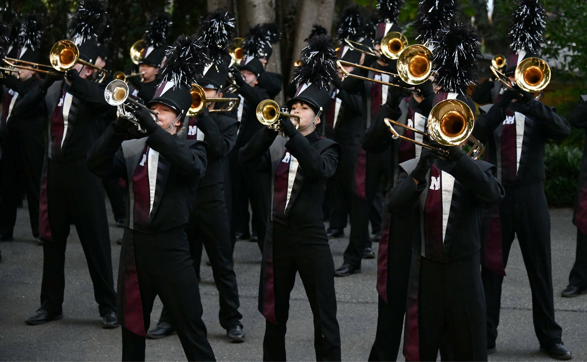 The Mercer Island High School marching band blares out a song at an Oct. 12, 2023, local full dress rehearsal for the Macy’s Thanksgiving Day Parade in New York City. Andy Nystrom/ staff photo
