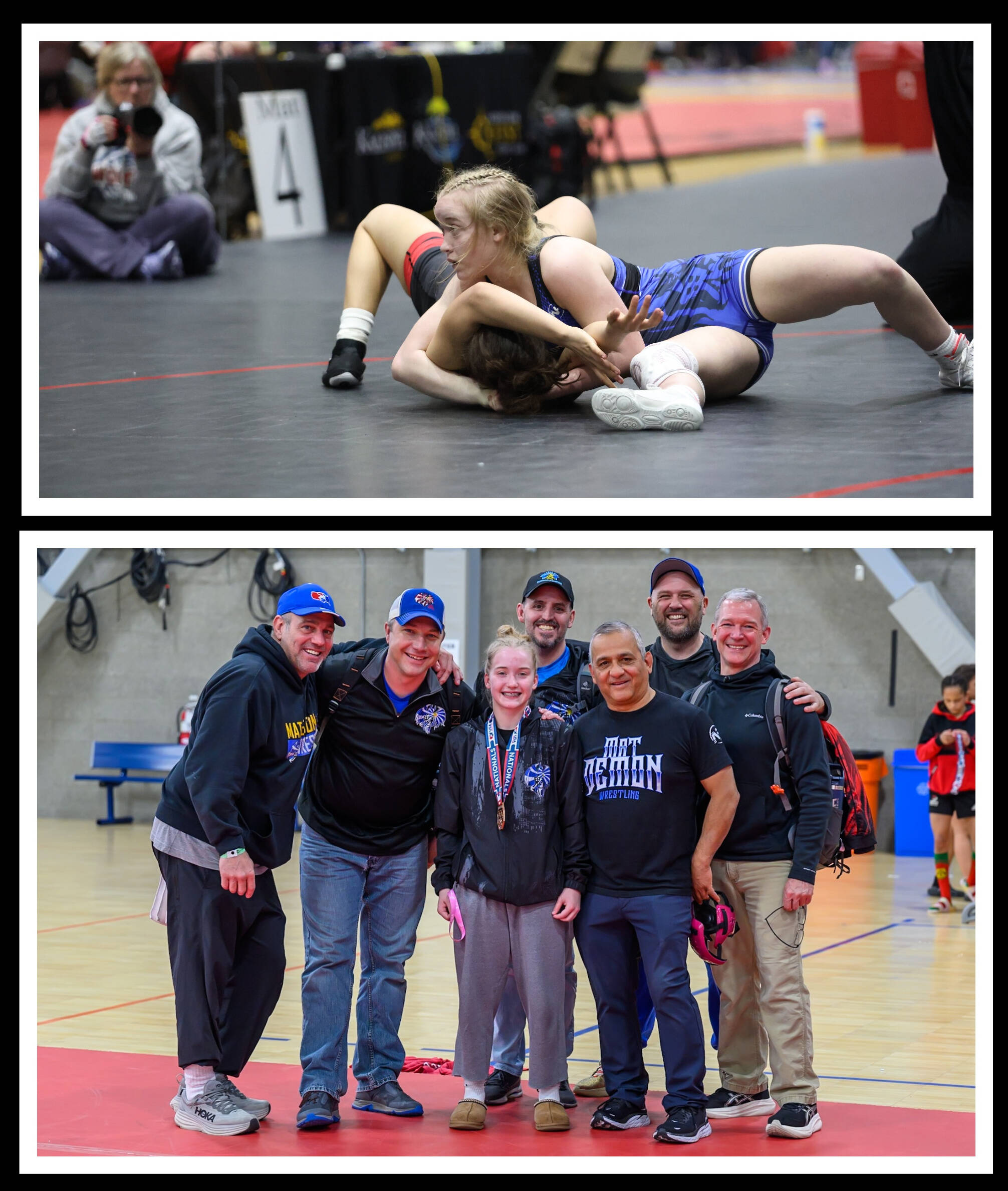 Mercer Island High School freshman wrestler Emerson Woods notched fifth place in the U15 age division and the 54k weight class at the U.S. Women’s National Championships and World Team Trials from April 4-6 in Spokane. Woods achieved All-American status and is now recognized as one of the top wrestlers for her age and weight class in the country. Here she is wrestling at the event and sporting her medal along with her Mat Demon club coaches. Courtesy photos