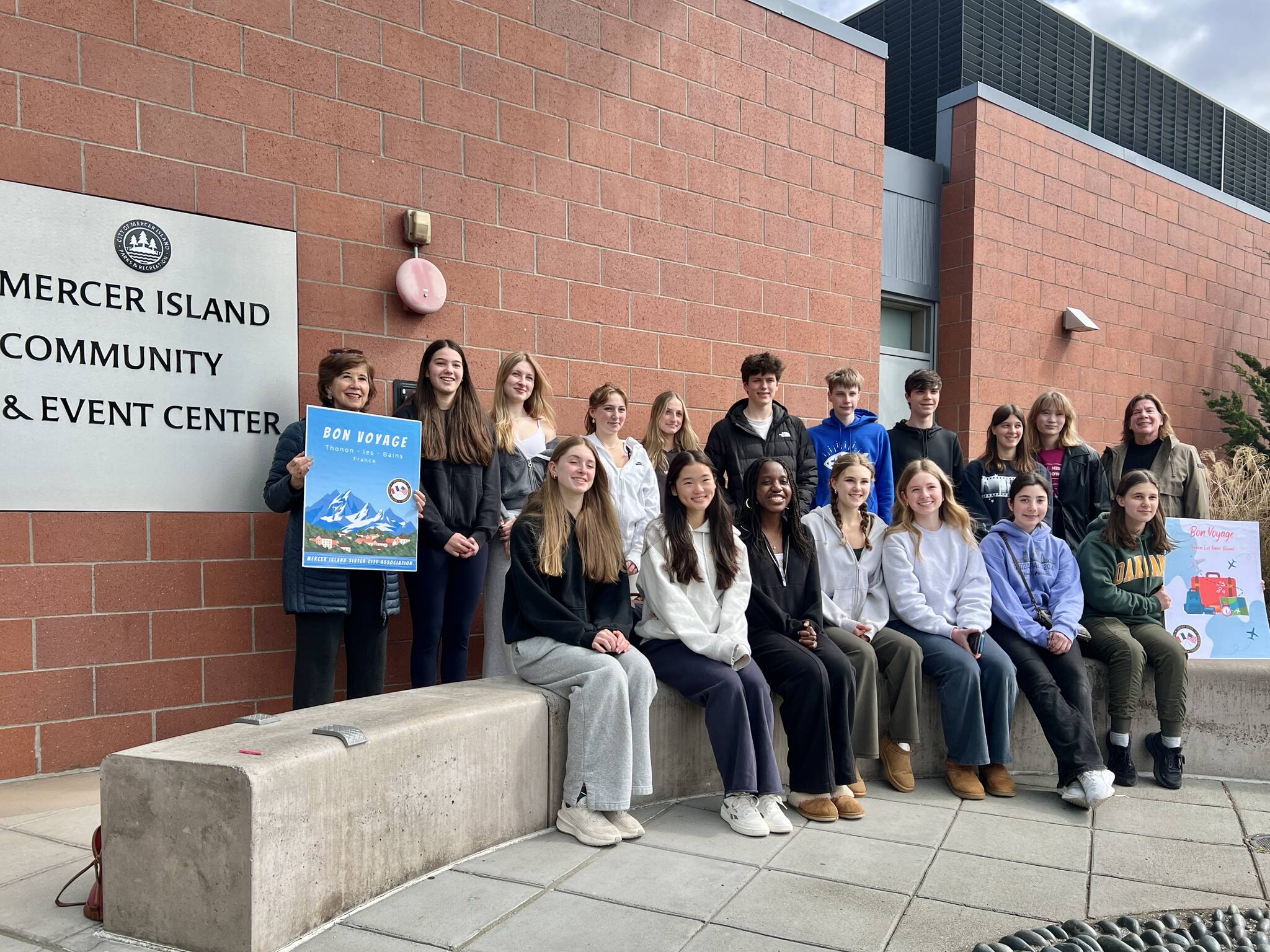Sixteen Mercer Island students and three chaperones of this year’s Mercer Island Sister City student exchange departed to Thonon Les Bains, France, on April 11 and will return on April 20. They assembled at the Mercer Island Community and Event Center on April 11 before heading to the airport for their voyage. The students are: Milo Berkley, Ryley Burks, Samantha Campbell, Matthew Duffié, Emily Dunn, Quincey Eskridge, Sabine Fleming, Archer Greenlee, Isabelle Greenlee, Hanna Lassila, Samantha Merritt, Aimee Montpellier, Elan Shapiro, Cordelia Tangeman, Joy Rurangwa and Amy Zhou. The chaperones are: Kirsten Taylor, Jane Meyer Brahm and Agnes Mallet. Their trip will include a visit to the United Nations building in Geneva, Switzerland. A delegation of Thonon Les Bains students will be conducting their return visit to Mercer Island in October 2025. This year’s Island delegation is the most French-fluent group that they’ve ever sent to Thonon Les Bains. Several of the student ambassadors either speak French at home or previously lived in a French-speaking country. Photo courtesy of Suzanne Zahr