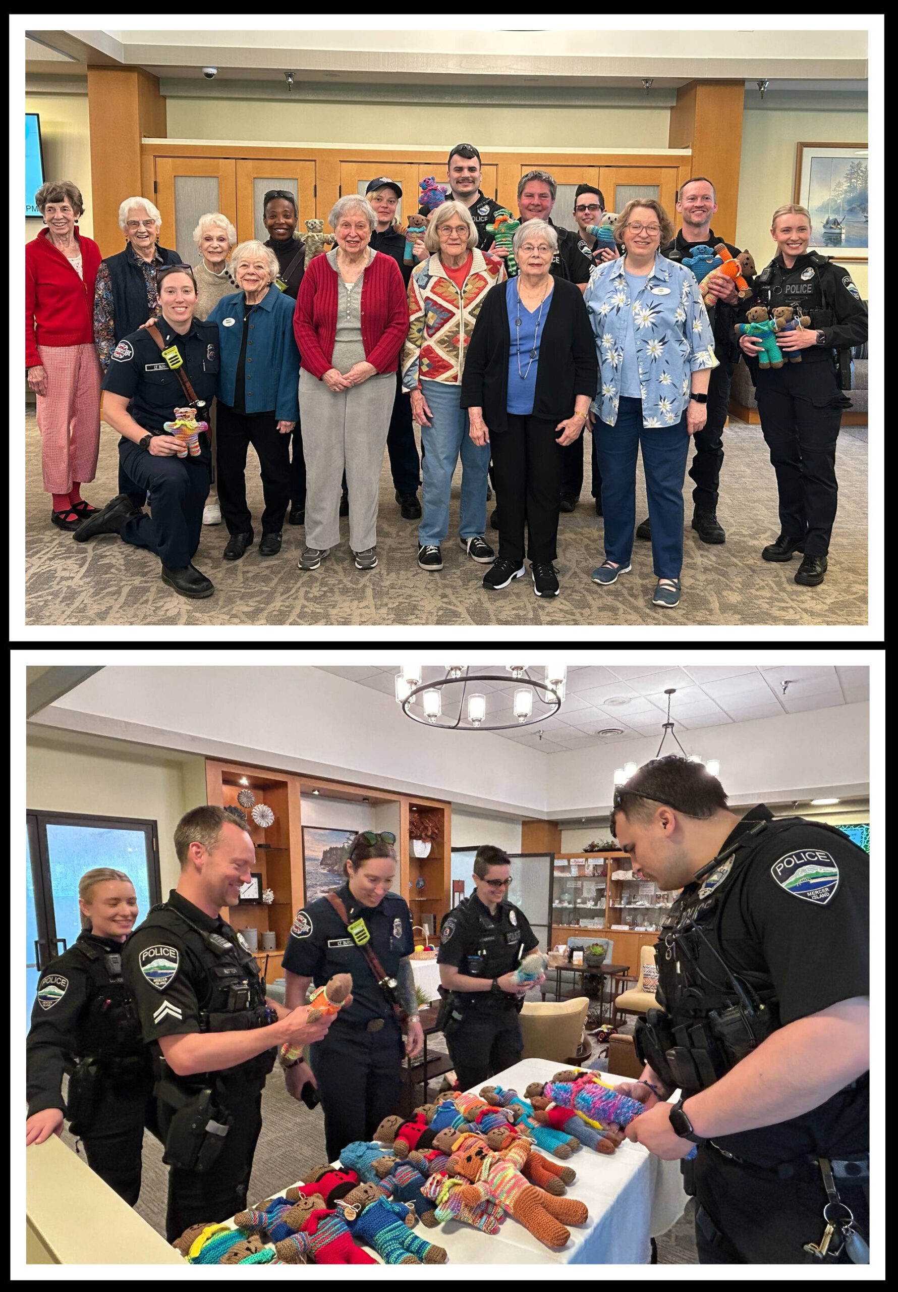 A group of residents from Mercer Islands Covenant Living at the Shores known as Yarn Buddies donated nearly two dozen handmade teddy bears to Mercer Island police and firefighters on April 17 in the senior living communitys Lodge lobby. The first responders will have the teddy bears on hand when out on calls where small children may be present. Its an opportunity to connect with the children during an emergency and provide a bit of comfort. Photos courtesy of Eastside Fire & Rescue