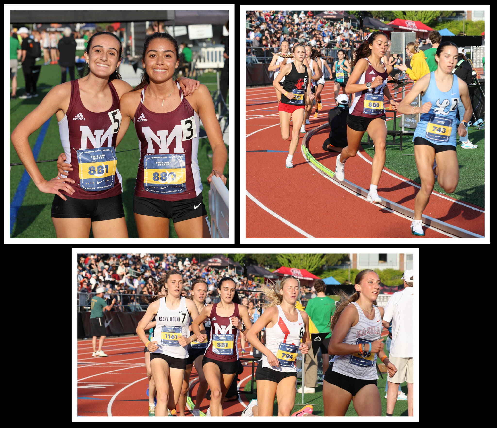 Mercer Island High Schools Victoria and Sophia Rodriquez (top left, left to right) competed in the Nike/Jesuit Twilight Relays on April 25 at Jesuit High School in Beaverton, Oregon. They both notched personal records in the 1,600-meter race, with sophomore Sophia, right top, taking third (4:44.32) and senior Victoria, bottom, taking sixth (4:48.63). They are ranked No. 1 and No. 2, respectively, in the state 3A for the 1,600 meters. Photos courtesy of Scott Knoblich