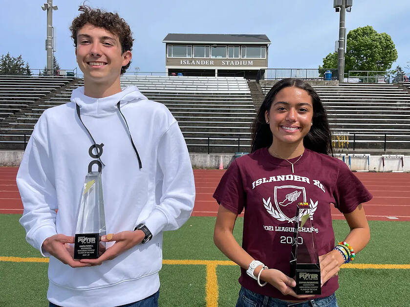 Mercer Island High School (MIHS) cross country athletes Owen Powell and Sophia Rodriguez have been named the 2024-25 Gatorade Washington Boys and Girls Cross Country Players of the Year. Both Powell and Rodriguez are the first MIHS cross country athletes to be selected as either the boys or girls Washington Gatorade Cross Country Player of the Year. Powell, a senior, won his second straight 3A state meet this past season with an all-class best time of 14:44.9. Rodridguez, a sophomore, raced to the 3A state title this past season, breaking the tape with a course record of 16:48.1. Photo courtesy of the Mercer Island School District