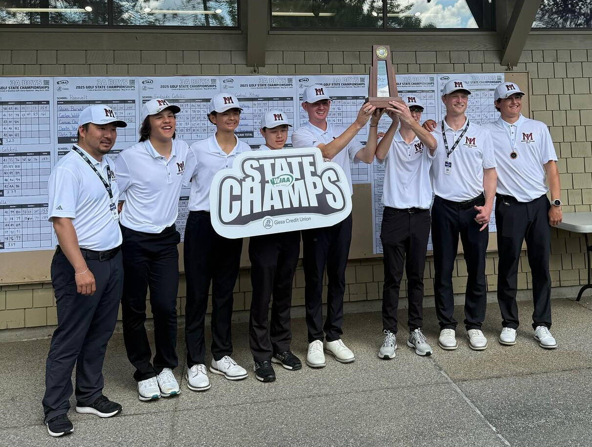 Mercer Island High School’s 3A state champion boys golf team. Pictured are head coach Nick Baker, assistant coach Ben Halter and golfers Alex Harwood, Jack Besecker, Lucas Kornylo, Yijoon Seo, Ryan Jacobson and alternate Preston Yee. Photo courtesy of the Mercer Island School District