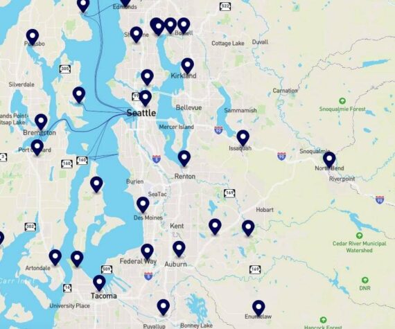 <p>Map of some scheduled protests in the Puget Sound area. (Screenshot courtesy of nokings.org)</p>