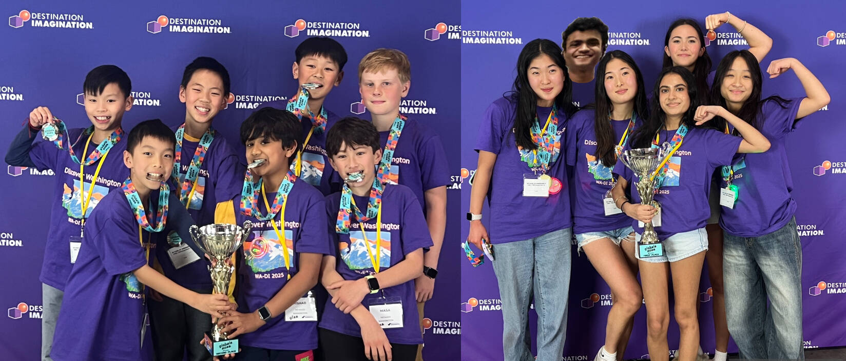 The Crazed Monkeys (left) and the Mean Green Beans (right). At left, from left to right: Bryan Hao, Irving Sun, Spencer Mi, Rishab Wishwas, Alfred Wang, Masa Uvelli and Mitchell Dudley. At right, from left to right: Sadie Kim, Sid Siravara (paper cutout), Steffi Kim, Aadyaa Singhal, Rilke Dalton and Jasmine Bandrio. Courtesy photos