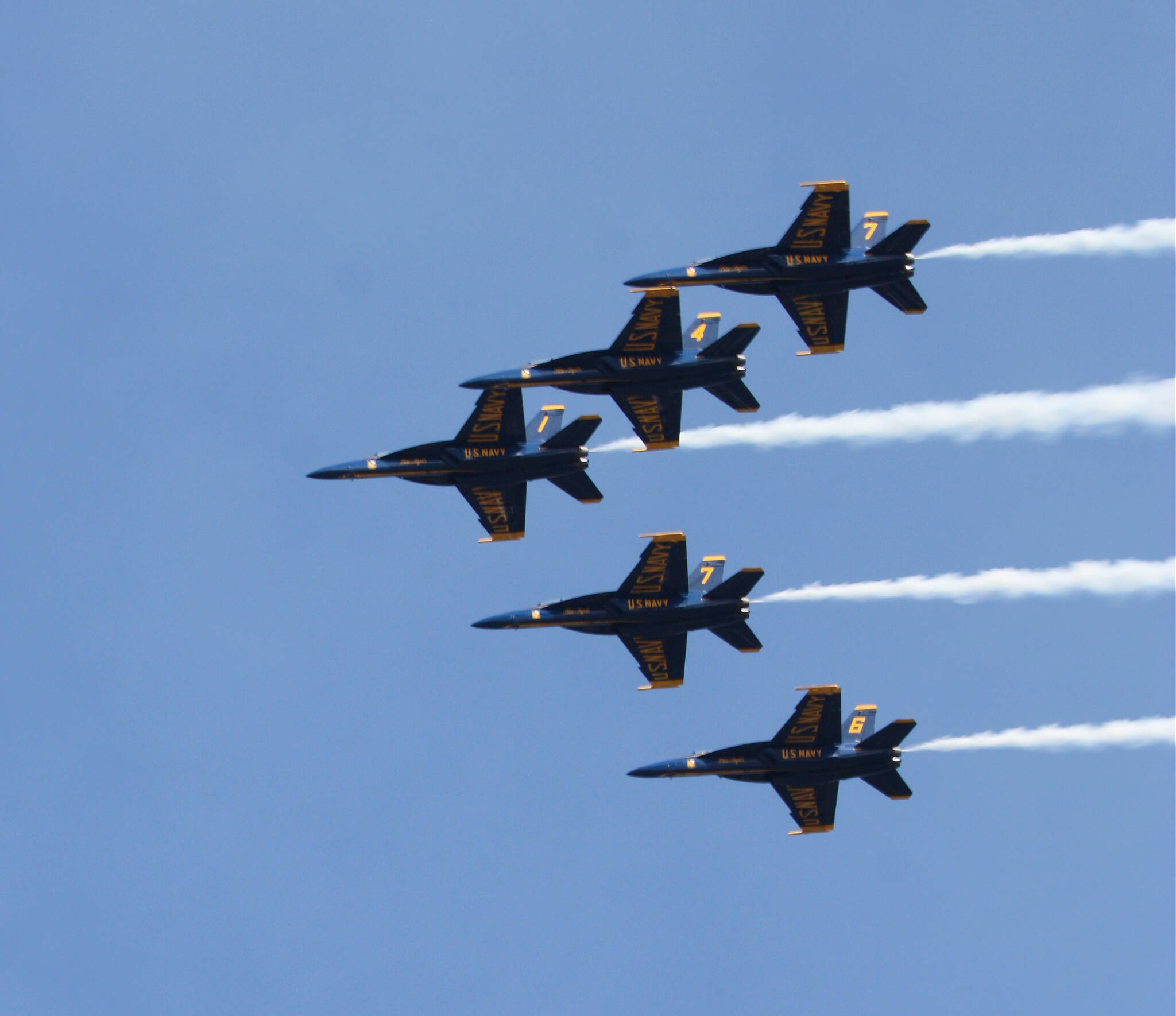 Blue Angels soar over Lake Washington near Mercer Island on Aug. 1 during their blazing Seafair airshow. Heaps of people watched the high-flyers from the Interstate 90 bridge path, Aubrey Davis Park and other Island spots. The Blue Angels will also perform on Saturday and Sunday. Andy Nystrom/ staff photo