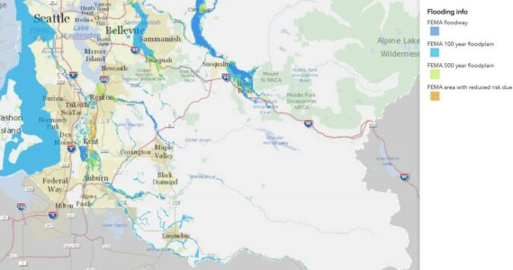 The King County flood map shows the different areas of South King County, indicated by blues and oranges, that are prone to flooding. Image courtesy of King County Flood Control.